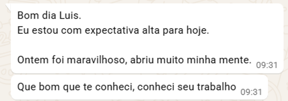 Print de depoimento: participante relata que a imersão abriu sua mente e conheceu o trabalho do Luis.